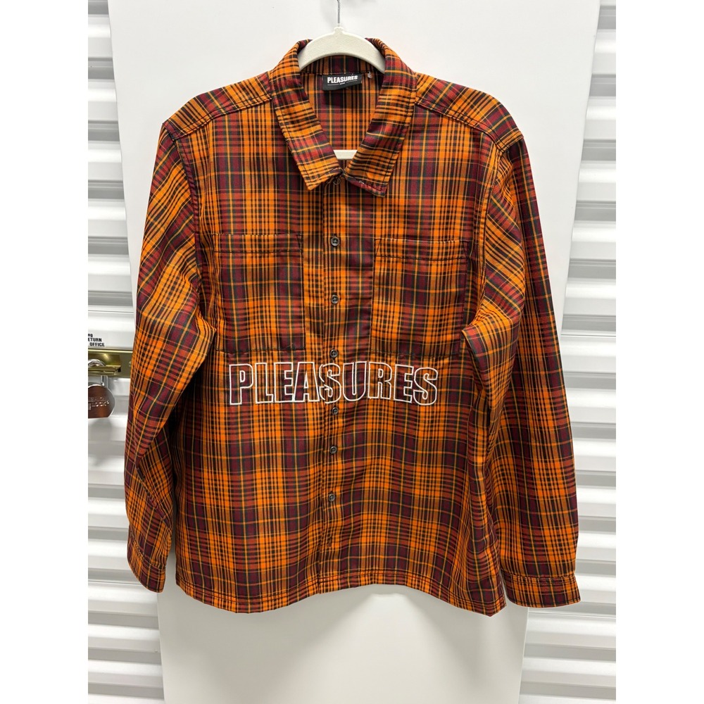 Pleasures Plaid Button Down Shirt Mens Large Orange Excellent Embroidered Logo‎
